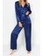 Kadın Moda Şık Gömlek Yaka Boru Paça Uzun Kol Lacivert Saten Gömlek-Pantolon Dokuma Pijama Takımı 2
