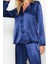 Kadın Moda Şık Gömlek Yaka Boru Paça Uzun Kol Lacivert Saten Gömlek-Pantolon Dokuma Pijama Takımı 3