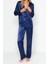 Kadın Moda Şık Gömlek Yaka Boru Paça Uzun Kol Lacivert Saten Gömlek-Pantolon Dokuma Pijama Takımı 4
