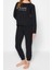 Kadın Moda Şık Bisiklet Yaka Lastikli Paça Uzun Kol T-Shirt-Jogger Örme Pijama Takımı 3