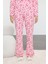 Kadın Moda Şık Bisiklet Yaka Geniş Paça Uzun Kol %100 Pamuklu Kalpli Biyeli Örme Pijama Takımı 3