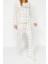 Kadın Moda Bisiklet Yaka Boru Paça Uzun Kol Pamuk Ekoseli Tshirt-Pantolon Örme Pijama Takımı 1