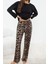 Kadın Moda Şık Bisiklet Yaka Geniş Paça Uzun Kol Pamuklu Leopar Desenli Örme Pijama Takımı 2
