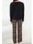 Kadın Moda Şık Bisiklet Yaka Geniş Paça Uzun Kol Pamuklu Leopar Desenli Örme Pijama Takımı 5