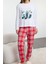 Kadın Moda Bisiklet Yaka Boru Paça Uzun Kol %100 Pamuklu Yılbaşı Temalı Ekoseli Örme Pijama Takımı 1