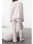 Kadın Moda Şık Bisiklet Yaka Boru Paça Uzun Kol Pamuklu Ekoseli Uyku Bantlı Örme Pijama Takımı 4