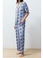 Kadın Moda Şık Gömlek Yaka Boru Paça Kısa Kol Desenli Biyeli Örme Pijama Takımı 2