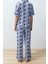 Kadın Moda Şık Gömlek Yaka Boru Paça Kısa Kol Desenli Biyeli Örme Pijama Takımı 3