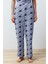 Kadın Moda Şık Gömlek Yaka Boru Paça Kısa Kol Desenli Biyeli Örme Pijama Takımı 5