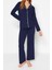 Kadın Moda Gömlek Yaka Boru Paça Uzun Kol Lacivert Pamuklu Biyeli Gömlek-Pantolon Örme Pijama Takımı 3