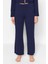 Kadın Moda Gömlek Yaka Boru Paça Uzun Kol Lacivert Pamuklu Biyeli Gömlek-Pantolon Örme Pijama Takımı 5