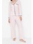 Kadın Moda Şık Gömlek Yaka Geniş Paça Uzun Kol Pamuklu Çizgili Biyeli Örme Pijama Takımı 3