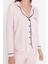 Kadın Moda Şık Gömlek Yaka Geniş Paça Uzun Kol Pamuklu Çizgili Biyeli Örme Pijama Takımı 4