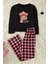 Kadın Moda Bisiklet Yaka Geniş Paça Uzun Kol Pamuklu Ayıcık Baskılı Ekoseli Örme Pijama Takımı 1