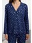 Kadın Moda Şık Gömlek Yaka Geniş Paça Uzun Kol Pamuklu Varak Yıldız Desenli Örme Pijama Takımı 2