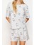 Kadın Moda Şık Bisiklet Yaka Boru Paça Kısa Kol Pamuklu Eğlence Desenli Örme Pijama Takımı 3