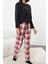 Kadın Moda Bisiklet Yaka Geniş Paça Uzun Kol Kadın Pamuklu Kalpli Ekoseli Örme Pijama Takımı 1