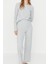 Kadın Moda Şık Bisiklet Yaka Geniş Paça Uzun Kol Lastikli Fitilli Örme Pijama Takımı 5
