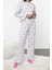 Kadın Moda Şık Bisiklet Yaka Geniş Paça Uzun Kol Kalpli Baskılı Lastikli Örme Pijama Takımı 1