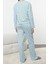 Tarz Rahat Uzun Kollu Geniş Paça Pamuklu Ayıcık Desenli Örme Pijama Takımı 2