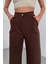 Kadın Kahverengi Yüksek Bel Pileli Düğmeli Likralı Esnek Rahat Kalıp Palazzo Pantolon 2