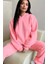 Pembe Kadın Oversize Geniş 3 Iplik Polarlı Şardonlu %100 Pamuk Kapüşonlu Eşofman Takımı 2