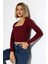 Kare Yaka Penye Kompakt Esnek Kumaş Uzun Kol Bluz 21650 Bordo 3