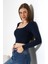 Kare Yaka Penye Kompakt Esnek Kumaş Uzun Kol Bluz 21650 Lacivert 3