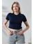 Pamuklu Kompakt Penye Ribana Bisiklet Yaka Crop T-Shirt 21560 Lacivert 2
