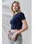 Pamuklu Kompakt Penye Ribana Bisiklet Yaka Crop T-Shirt 21560 Lacivert 3