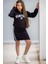 Kız Çocuk New York Baskılı Kapüşonlu Sweatshirt Ip Askılı Penye Kumaş Elbise 2li Siyah Takım 1