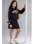 Kız Çocuk New York Baskılı Kapüşonlu Sweatshirt Ip Askılı Penye Kumaş Elbise 2li Siyah Takım 3