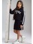 Kız Çocuk New York Baskılı Kapüşonlu Sweatshirt Ip Askılı Penye Kumaş Elbise 2li Siyah Takım 4