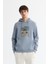 Erkek Açık Mavi Kapüşonlu Pamuklu Baskılı Elastan Sweatshirt A42Y1321 1