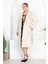 Kadın Ekru Kemer ve Astar Detay Büyük Beden Cepli Yün Kaşe Kaban 2