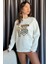 Krem Kadın Bisiklet Yaka Taşlı Üç Iplik Şardonlu Sweatshirt 2