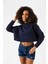 Basic Lacivert Kapüşonlu Crop Sweatshirt 2