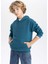 Erkek Çocuk Mavi Regular Fit Düz Kesim Basic Düz Kapüşonlu Sweatshirt B7773A8NS 1