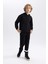 Erkek Çocuk Siyah Regular Fit Düz Kesim Basic Düz Kapüşonlu Sweatshirt B7773A8NS 2