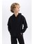 Erkek Çocuk Siyah Regular Fit Düz Kesim Basic Düz Kapüşonlu Sweatshirt B7773A8NS 3