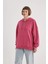 Kadın Pembe Oversize Fit Geniş Kesim Polo Yaka Düz Basic Pamuklu Sweatshirt B7834AXNS 3