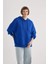 Kadın Mavi Oversize Fit Geniş Kesim Polo Yaka Düz Basic Pamuklu Sweatshirt B7834AXNS 3