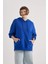 Kadın Mavi Oversize Fit Geniş Kesim Polo Yaka Düz Basic Pamuklu Sweatshirt B7834AXNS 4