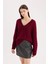 Oversize Geniş Kalıp V Yaka Basic Düz Bordo Triko Kazak A3264AX24CW 3