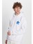 Unisex Oversize Geniş Kesim Pamuklu Yumuşak Dokulu İçi Polarlı Baskılı Beyaz Kapüşonlu Sweatshirt 4