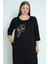 Kadın Siyah Taş Detaylı Cepli Truvakar Kollu Pamuklu Büyük Beden Elbise 3