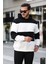 Siyah Beyaz Blok Parçalı Overisize Kapşonlu Üç Iplik Sweatshirt- 2316 2