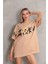 Unisex Bisiklet Yaka Baskılı Oversize T-Shirt - Bej 4