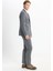 Slim Fit Dar Kesim Kırlangıç Yaka Çizgili Kapak Cepli Esnek Koyu Gri Takım Elbise 3
