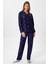 Kadın Nora Premium Lacivert Kalp Desen Süet Doku Düğmeli Yılbaşı Pijama Takımı 4
